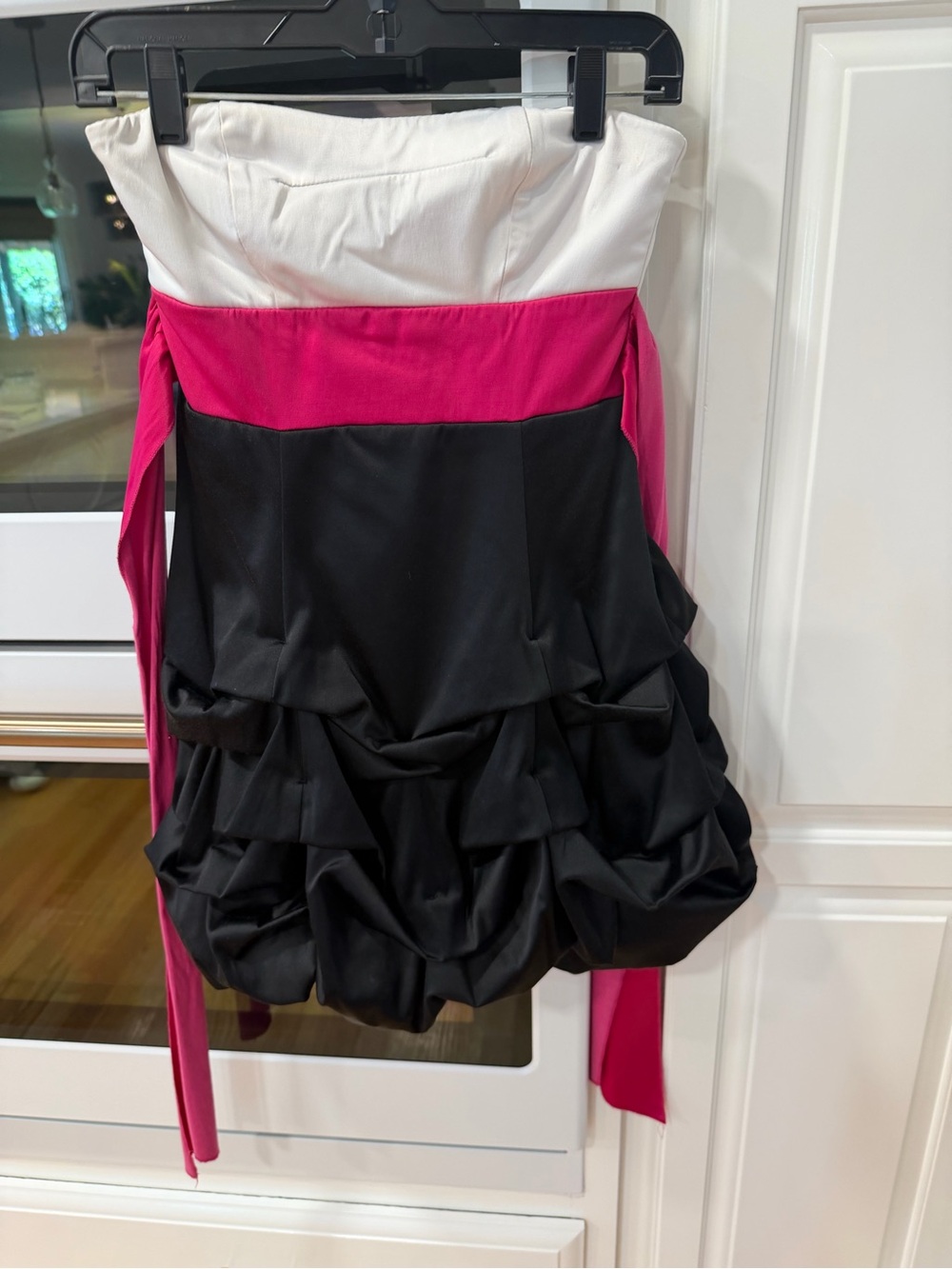 Strapless Junior Colorblock Ruffle Mini Skirt Dress in White, Hot Pink & Black